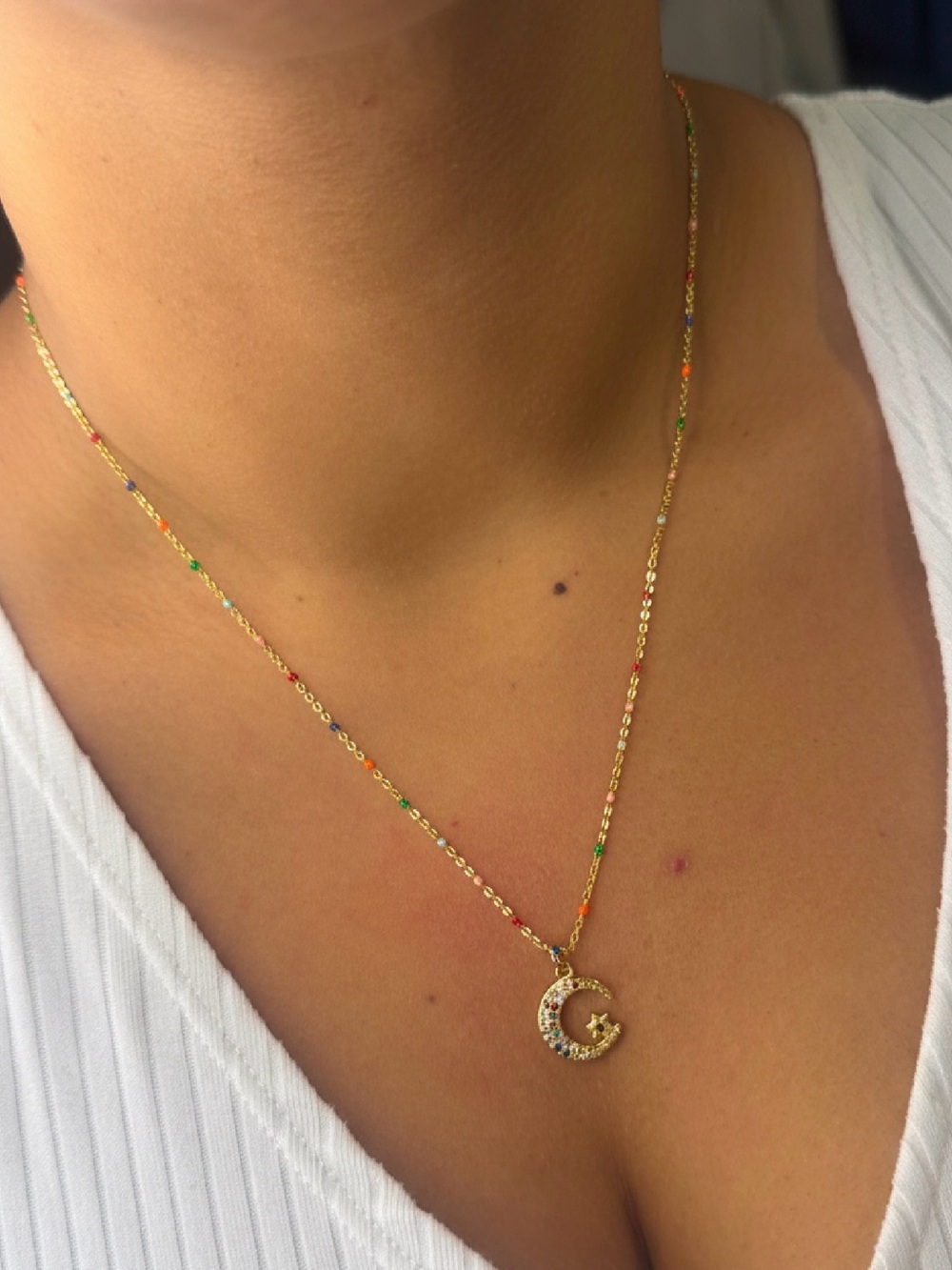 Gold Crescent Moon & Star Necklace with Multicolor Accents